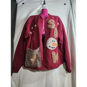 Vintage Hanes Womens L Christmas Sweater Maroon Snowman Primitive 90s (WC102)